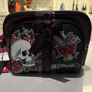 Ed Hardy Black Cosmetics Bag with Skull and Heart Design
